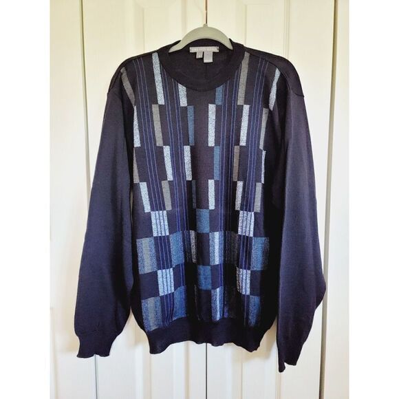 Saks Fifth Avenue‎ Men's Sweater Size L Blue Argyle Wool Blend L/S Sweater - Picture 1 of 4